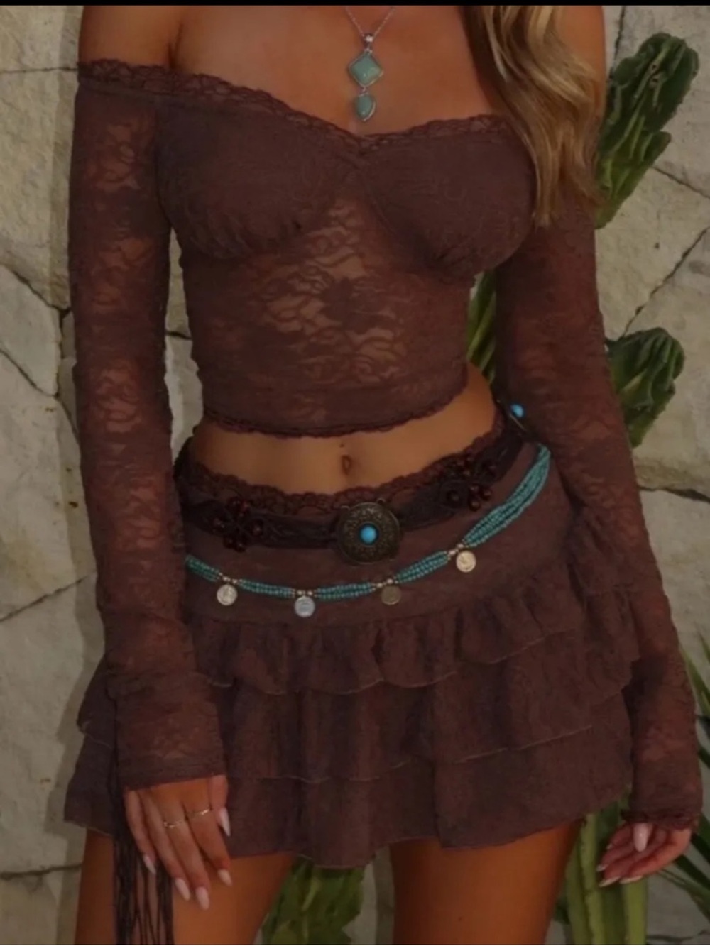 Boho Lace Tiered Mini Skirt in Chocolate Brown